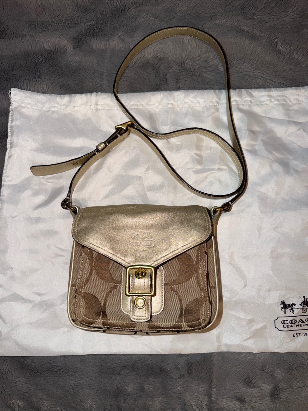 Coach Gold and Brown Signature Crossbody Bag Preloved gold metallic.